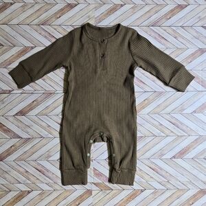 Ribbed Long Sleeve Front Button Green Cotton Jumpsuit Baby Unisex One Piece 0-3M